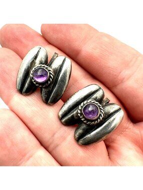 Mexico Womens Earrings Sterling Silver Amethyst Coffee Bean Design Screw Back
